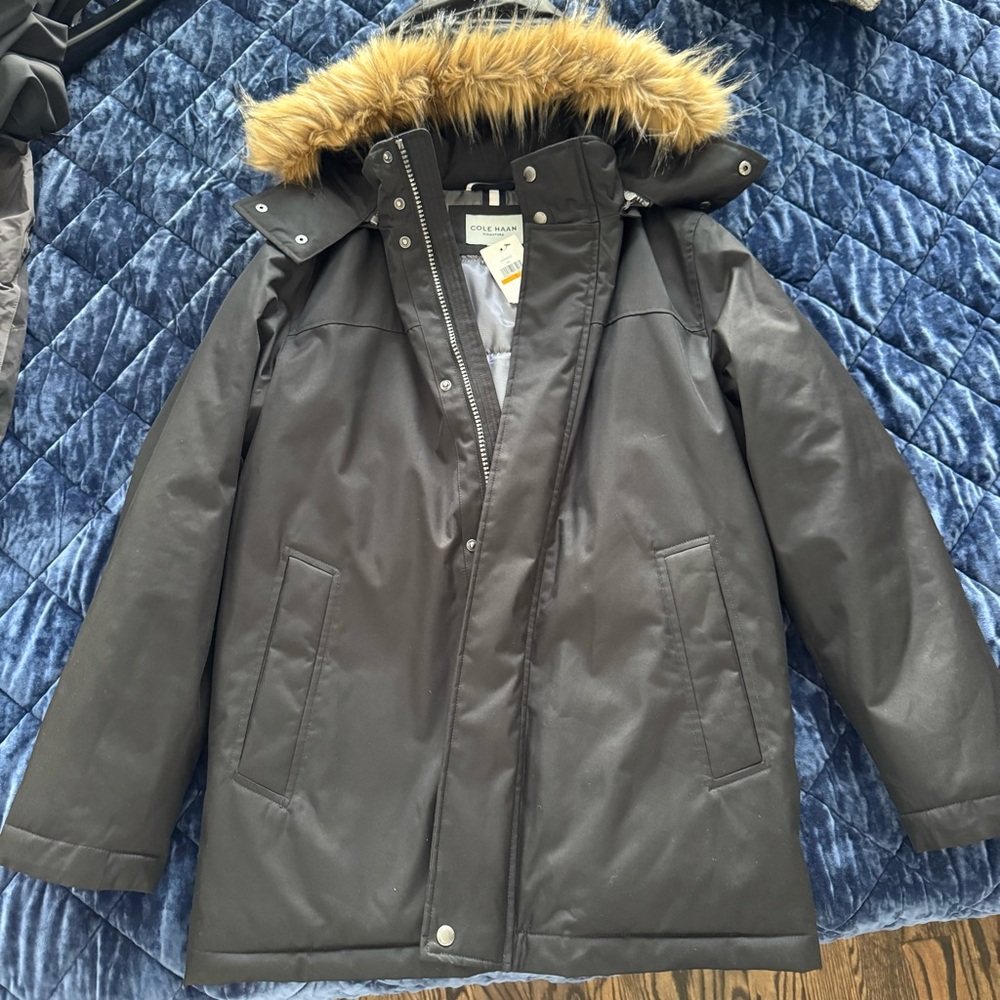 Cole Haan Men’s SMALL Black Jacket with Faux Fur Hood - Picture 8 of 9
